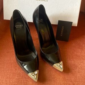 Versace rhinestone studded toe black with steel pin heel-